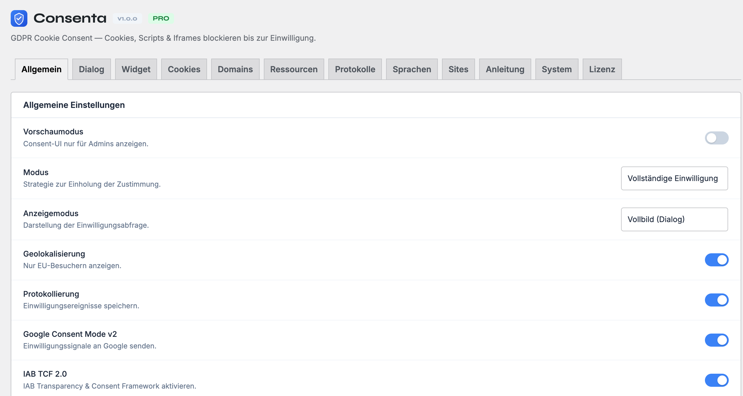 Consenta WordPress Cookie Consent Dashboard